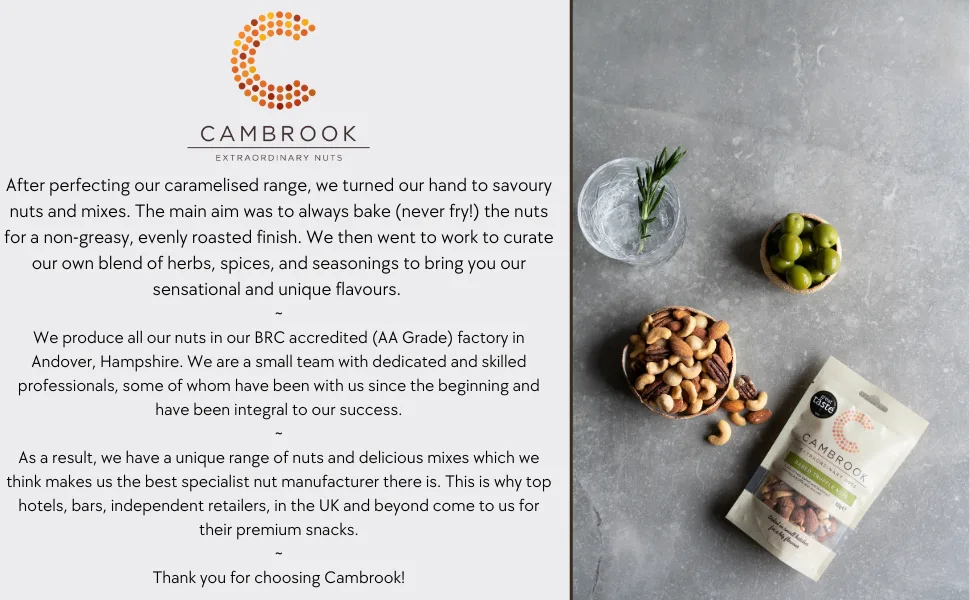 Cambrook Caramelised Pecans 1kg - Cambrook nuts next to a small bowl of olives and a glass of a clear spirit