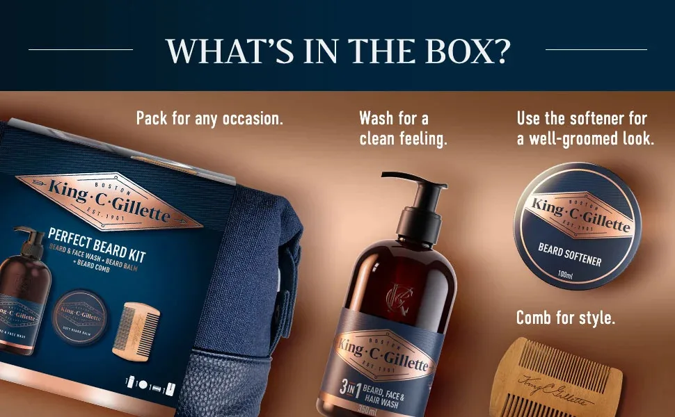 King C. Gillette Beard Grooming Kit for Men Toiletry Bag Beard & Face Wash 350 ml + Beard Balm 100 ml + Comb Gifts for Men - product information 4