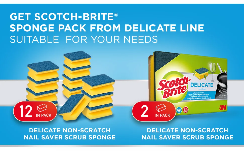 Scotch-Brite Delicate Non-Scratch Sponge Scourer 12 Pieces - Ideal Everyday Washing up sponge use on Non-Stick Cookware and Glass Blue - Non Scratch Nailsaver sponge - product information 6