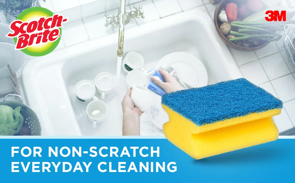 Scotch-Brite Delicate Non-Scratch Sponge Scourer 12 Pieces - Ideal Everyday Washing up sponge use on Non-Stick Cookware and Glass Blue - Non Scratch Nailsaver sponge - KV10