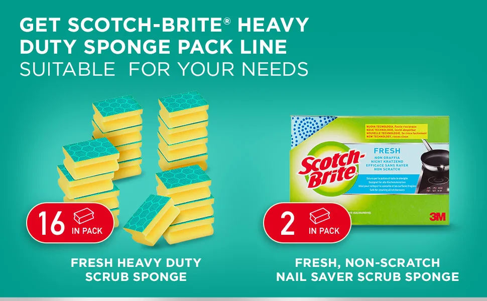 Scotch-Brite Fresh Heavy Duty Scrub Sponge 16 Pieces - Cleans Tough Messes without Trapping Food Green - Classic Stay fresh - product information 3