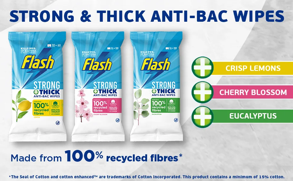 Flash Antibacterial Cleaning Wipes Blossom & Breeze 192 Extra Large Wipes (24 x 8) - Strong & Thick Anti-Bac Wipes