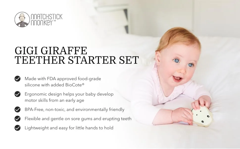 Matchstick Monkey Teething Ring Starter Set 3 Pieces - Baby Teething Aids - for Sore Gums - Silicone - BPA Free - Teether Animal Motif Teether Face Finger Toothbrushes - Gigi Giraffe - TSSG