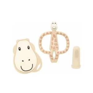 Matchstick Monkey Teething Ring Starter Set 3 Pieces - Baby Teething Aids - for Sore Gums - Silicone - BPA Free - Teether Animal Motif Teether Face Finger Toothbrushes - Gigi Giraffe - TSSG2