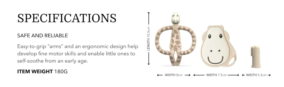 Matchstick Monkey Teething Ring Starter Set 3 Pieces - Baby Teething Aids - for Sore Gums - Silicone - BPA Free - Teether Animal Motif Teether Face Finger Toothbrushes - Gigi Giraffe - TSSG6