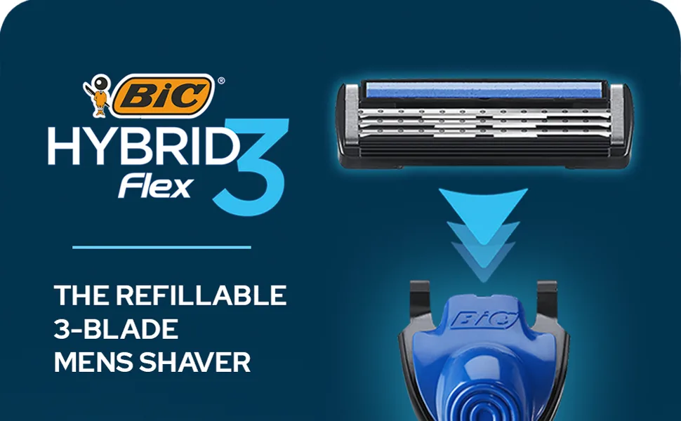 BIC Hybrid 3 Flex Refillable Men's Razor Kit 90% Recycled Plastic Handle and 3-Blade Refills - Box of 1+2 - product information 1