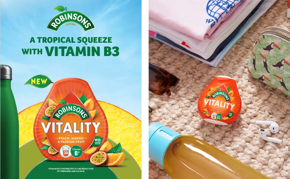 Robinsons Vitality Peach Mango & Passion Fruit with Vitamin B3 Real Fruit Juice Benefit Drops 66 ml Vitality 66 ml (Pack of 1) - Robinsons Benefit Drops Vitality