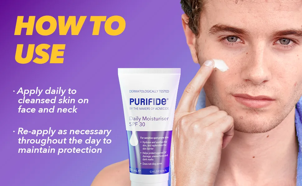 PURIFIDE by Acnecide Moisturiser SPF 30 50ml Face Sun Cream For Acne Prone & Sensitive Skin Daily Moisturiser - spf purifide use
