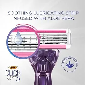 Bic Click 5 Soleil Refillable Women's Razor 40% Recycled Plastic Handle with Rubber Grip 10 x 3-Blade Refills Lubricating Strip - Bundle of 1+10 Purple 1 Handle + 10 Refills - BIC; BIC RAZOR