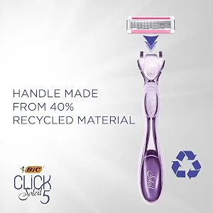 Bic Click 5 Soleil Refillable Women's Razor 40% Recycled Plastic Handle with Rubber Grip 10 x 3-Blade Refills Lubricating Strip - Bundle of 1+10 Purple 1 Handle + 10 Refills - BIC; BIC RAZOR