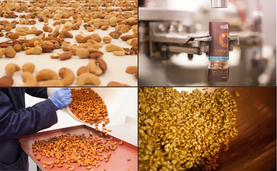 Cambrook Caramelised Mixed Nut 175 g Jar - Premium Quality Nuts Gluten Free Vegetarian Caramelised Mixed Nut Jars - Cambrook nuts being packaged in the production facility