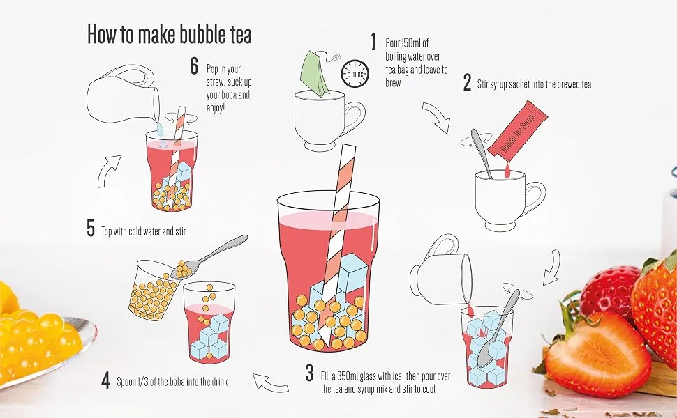 Fruit Bubble Tea Kit Gift Box | 3 Servings | Set includes Passion Fruit Syrup Strawberry Popping Boba Tea Bags and Paper Straws | By THE TEASHED - Bubble Tea