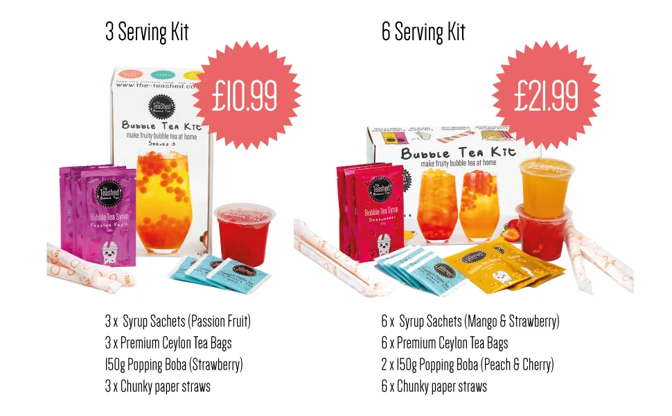 Fruit Bubble Tea Kit Gift Box | 3 Servings | Set includes Passion Fruit Syrup Strawberry Popping Boba Tea Bags and Paper Straws | By THE TEASHED - Bubble tea kit