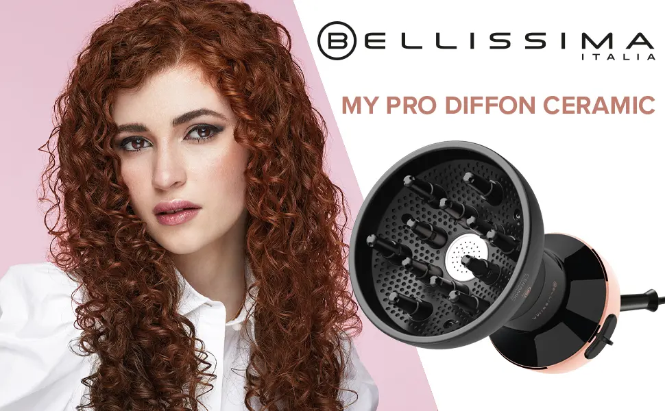Bellissima Ceramic Diffon Hot Air Diffuser for Curly Hair (2 Air/Temperature Combinations Gentle Heat Technology Frizz-Free Curls Diffuser and Hairdryer in a Single Tool) 700W UK Plug Diffon Ceramic Black/Rosegold - Diffon