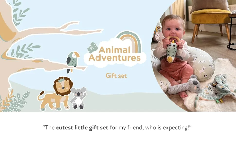 Nuby Animal Adventures Baby Gift Set 3-Piece Keepsake Set | Comforter Squeaker & Rattle | Gift Box Included | Suitable from Birth - AA_Gift_1