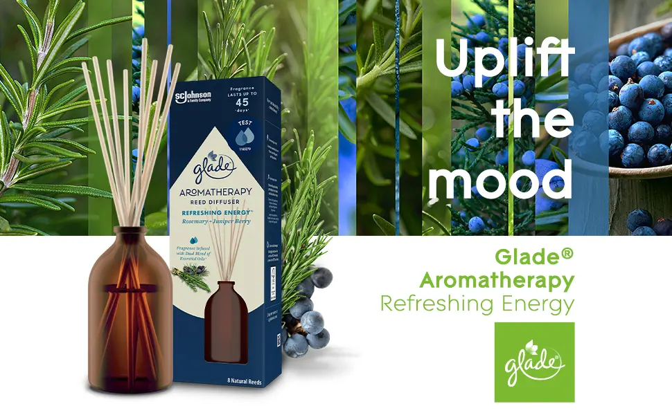 Glade Aromatherapy Reed Diffusers Essential Oils Diffuser with Refreshing Fragrance Refreshing Energy with Rosemary & Juniper 80ml 80 ml (Pack of 1) Refreshing Energy - uplift the mood