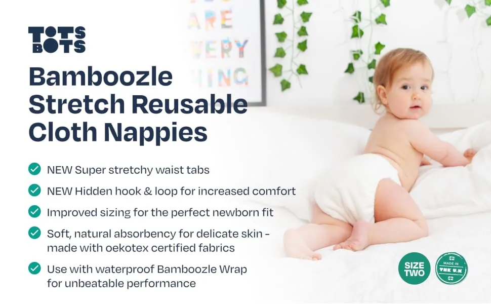 TotsBots Bamboozle Reusable Nappy - Eco-Friendly Reusable Nappies for Babies & Toddlers - Made from Bamboo - Natural Size 2 (9-35lbs) - BN (1)