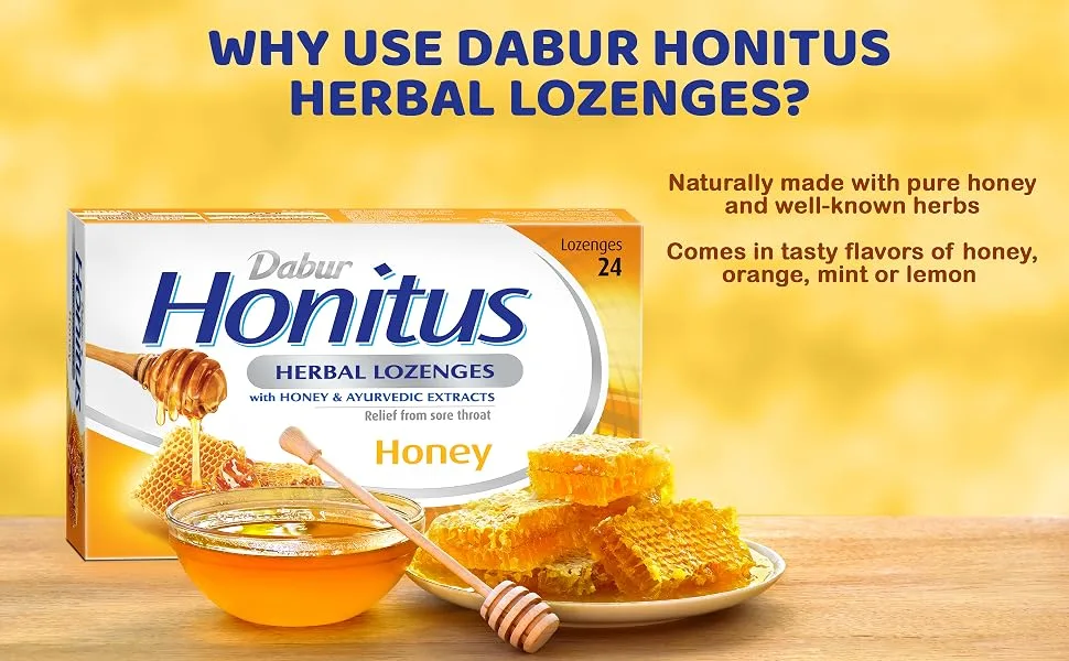 Dabur Honitus Herbal Lozenges | Effective Relief from Cough & Sore Throat Pain | Honey Flavor - 24 Lozenges - dabur honitus herbal lozenges