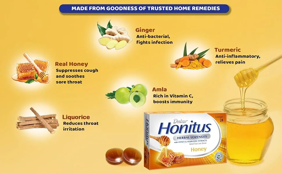 Dabur Honitus Herbal Lozenges | Effective Relief from Cough & Sore Throat Pain | Honey Flavor - 24 Lozenges - dabur honitus honey lozenges