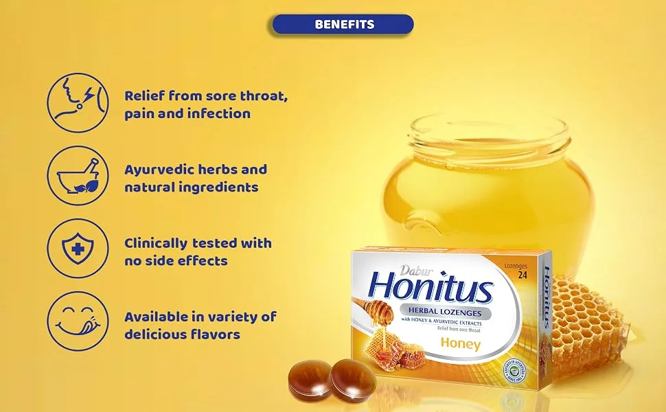 Dabur Honitus Herbal Lozenges | Effective Relief from Cough & Sore Throat Pain | Honey Flavor - 24 Lozenges - honitus herbal lozenges
