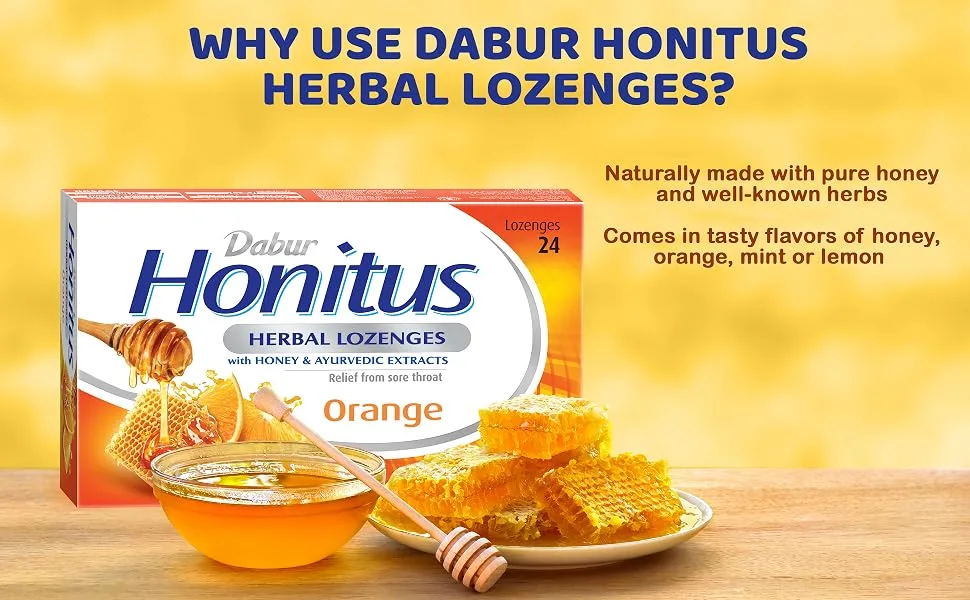 Dabur Honitus Herbal Lozenges | Effective Relief from Cough & Sore Throat Pain | Orange Flavor - 24 Lozenges - Dabur Honitus Herbal Lozenges
