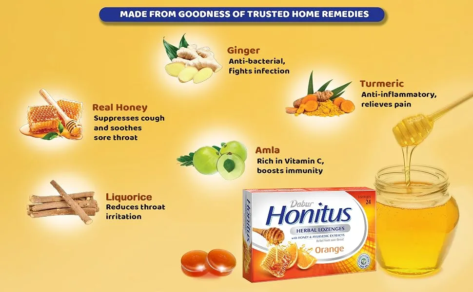 Dabur Honitus Herbal Lozenges | Effective Relief from Cough & Sore Throat Pain | Orange Flavor - 24 Lozenges - Dabur Honitus Herbal Lozenges