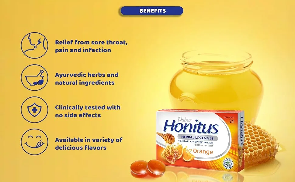 Dabur Honitus Herbal Lozenges | Effective Relief from Cough & Sore Throat Pain | Orange Flavor - 24 Lozenges - Dabur Honitus Herbal Lozenges