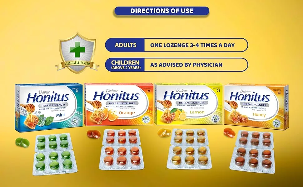 Dabur Honitus Herbal Lozenges | Effective Relief from Cough & Sore Throat Pain | Orange Flavor - 24 Lozenges - honitus herbal lozenges