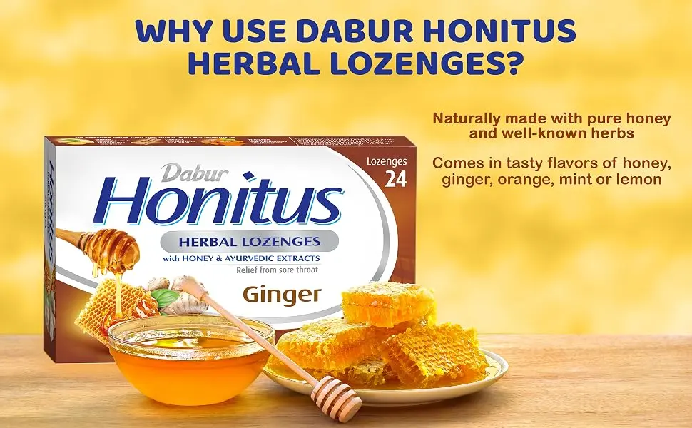Dabur Honitus Herbal Lozenges | Effective Relief from Cough & Sore Throat Pain | Ginger Flavor - 24 Lozenges - Dabur Honitus Herbal Lozenges