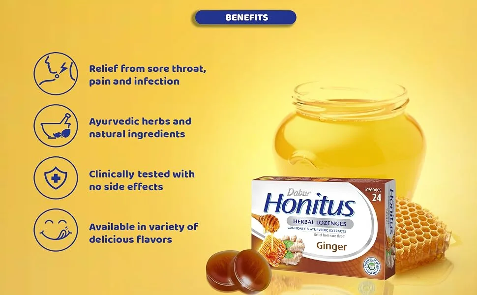 Dabur Honitus Herbal Lozenges | Effective Relief from Cough & Sore Throat Pain | Ginger Flavor - 24 Lozenges - Dabur Honitus Herbal Lozenges