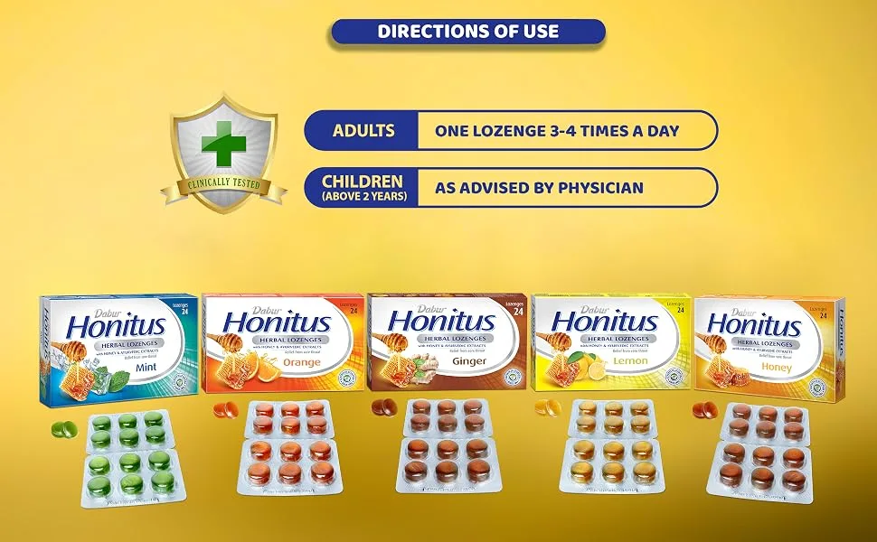 Dabur Honitus Herbal Lozenges | Effective Relief from Cough & Sore Throat Pain | Ginger Flavor - 24 Lozenges - Dabur Honitus Herbal Lozenges