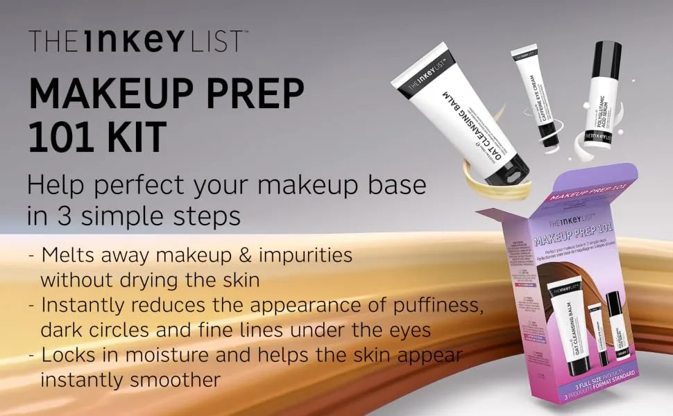The INKEY List Makeup Prep 101 Kit | Makeup Prep Starter Kit | Oat Cleansing Balm | Polyglutamic Acid Serum | Caffeine Eye Cream | Suitable for All Ages - product information 1