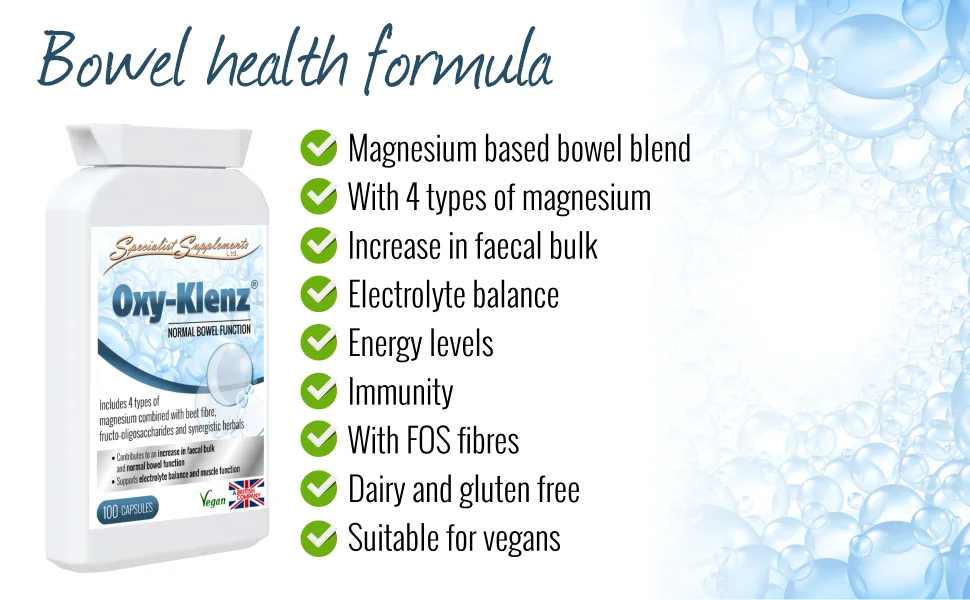 Specialist Supplements Oxy-Klenz Healthy Bowel Function 100 Capsules - bowel supplement, colon cleanser, magnesium, bulk, fibre, prebiotics, FOS, energy, immunity, digest