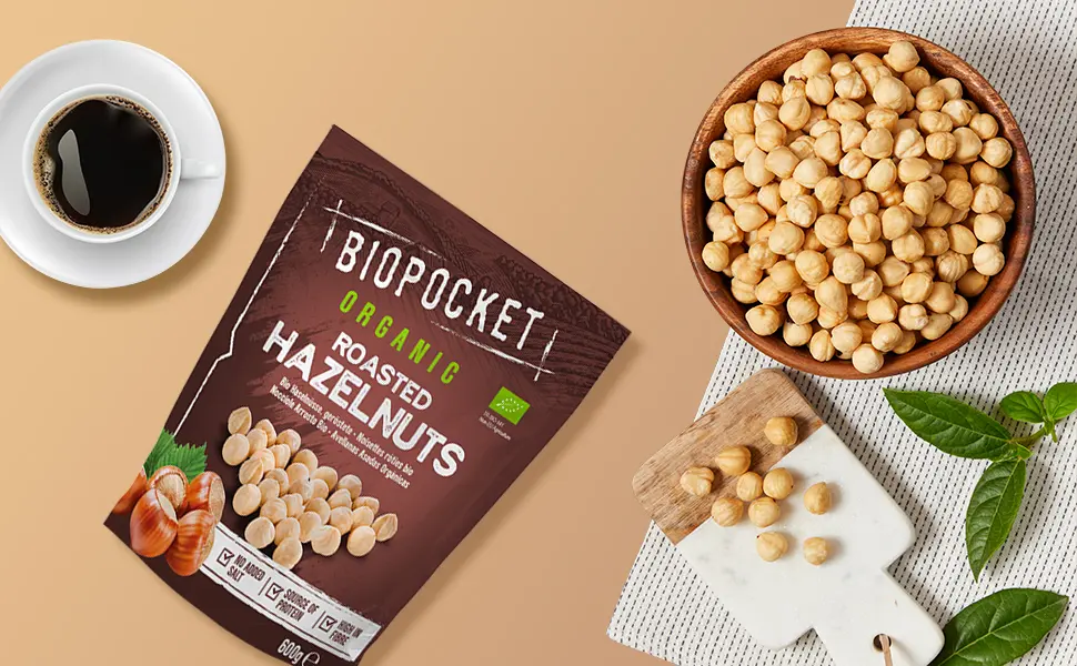 Biopocket Organic Roasted Hazelnuts 600g Roasted Hazelnut 600 g (Pack of 1) - biopocket, hazelnut, organic hazelnut, hazelnut kernels, raw hazelnut, roasted hazelnut, happy belly