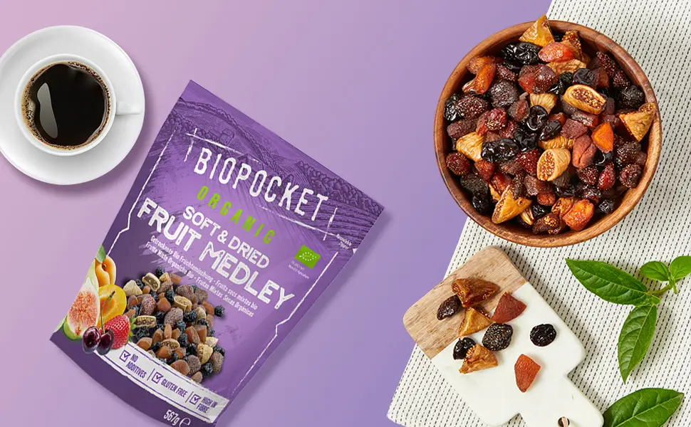 Biopocket Organic Dried Fruit Medley 567 g Fruit Medley 567 g (Pack of 1) - organic fruit mix, fruit mix, fruit medley, dried fruit mix, dried fruit, figs, apricots, cherries
