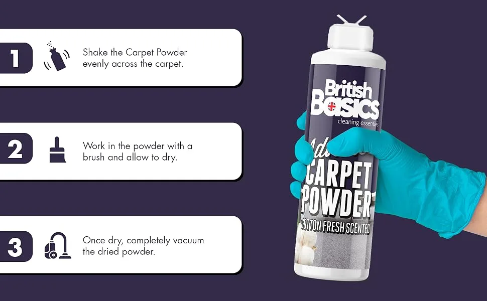 British Basics - Carpet Powder Refresher | Removes Stains and Odours | Powerful Fabric Cleaner that Eliminates Smells | Fresh Cotton Scent 600g - BritishBasics Carpet Powder Refresher
