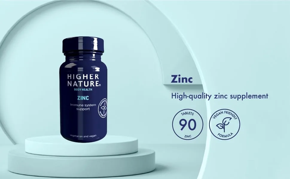 Higher Nature - Zinc - Immune System Cognitive Function & Fertility Support - Gluten Free - Vegetarian & Vegan - 90 Tablets - Zinc 90