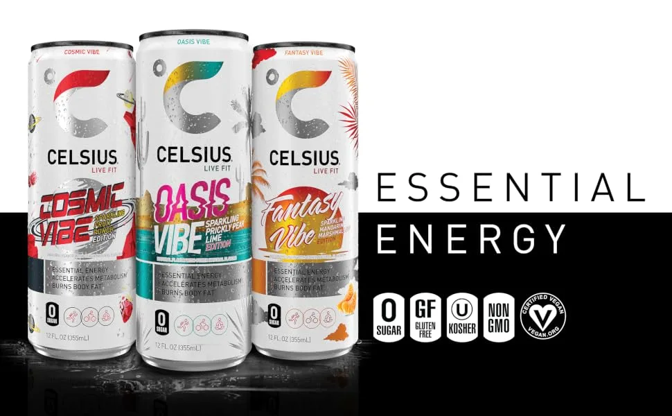CELSIUS Sparkling Tropical Vibe, Functional Essential Energy Drink 12 Fl Oz (Pack of 12) - Celsius Vibe Energy Drink