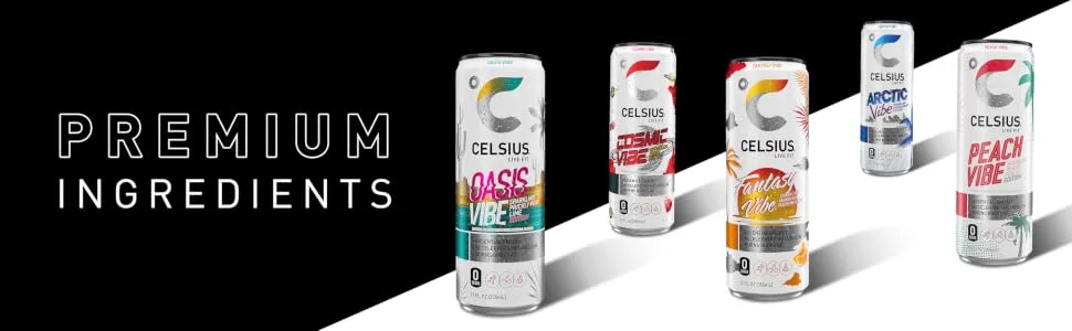 CELSIUS Sparkling Tropical Vibe, Functional Essential Energy Drink 12 Fl Oz (Pack of 12) - Premium Ingredients Vibe Line