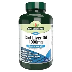 Natures Aid Cod Liver Oil 1000 mg 180 Softgel Capsules (High Strength 254 mg Omega-3 with Vitamins A and D for Normal Function of the Immune System Made in the UK) - Cod Liver Oil 1000mg