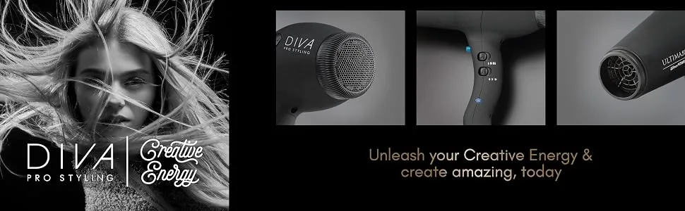 Diva Pro Styling Ultima 5000 Pro Dryer 2200W Professional Hairdryer with Ionic Conditioning Black Black Single - Diva Creative energy create amazing