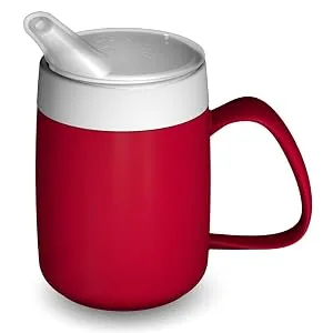 Ornamin Mug with Internal Cone 140 ml Red with Spouted Lid with small opening (model 207 + 806) | drinking aid thermo mug feeding cup - Ornamin;professional;quality;care;disability;melamine;help;stroke;keep-warm;internalcone;spouted
