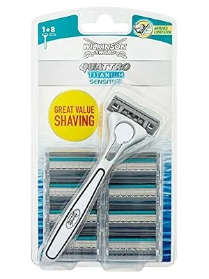 WILKINSON SWORD - Quattro Titanium For Men | Sensitive Comfort | Razor Handle + 9 Blade Refills 1 Count (Pack of 1) - clam