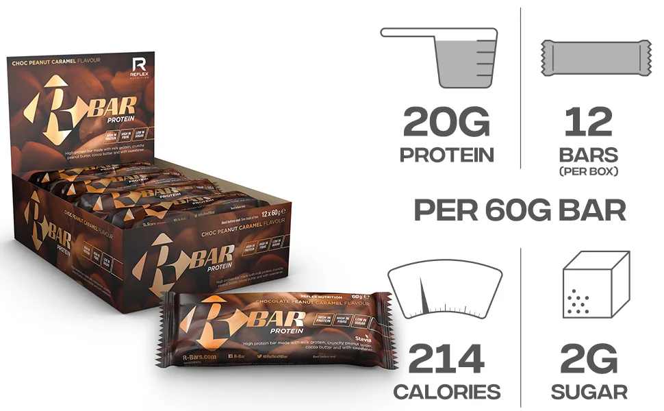 Reflex Nutrition R-Bar Protein Bar 20g Whey Protein Low in Sugar High in Fibre (Choc Peanut Caramel) (12x60g) - Protein bar;protein bars;healthy protein bars;reflex protein bar;high protein bar