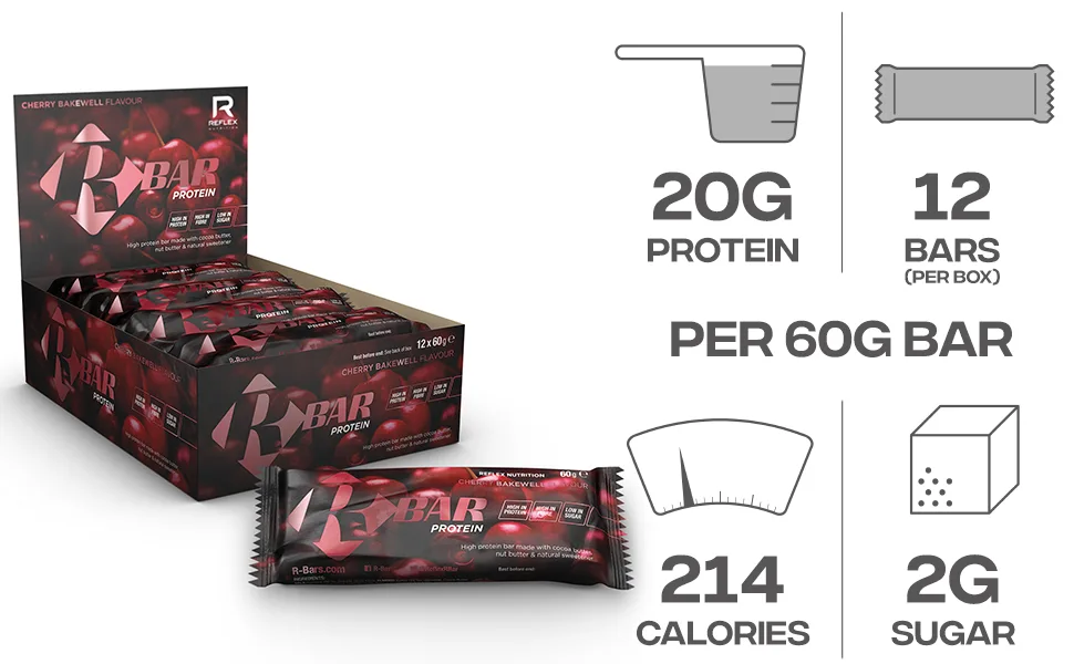 Reflex Nutrition R-Bar Protein Bar 20g Whey Protein Low in Sugar High in Fibre (Cherry Bakewell) (12x60g) - Protein bar;protein bars;healthy protein bars;reflex protein bar;high protein bar