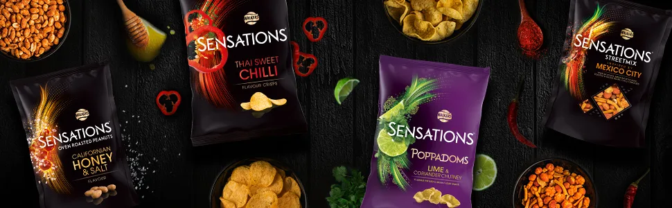 Sensations Balsamic Vinegar & Caramelised Onion Thick Cut Vegetarian Potato Crisps Sharing Bag 150g Single - Sensations Range Poppadoms Streetmix Thai sweet chilli