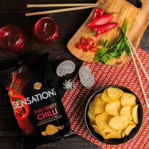 Sensations Balsamic Vinegar & Caramelised Onion Thick Cut Vegetarian Potato Crisps Sharing Bag 150g Single - Thai Sweet Chili Sensations Crisps