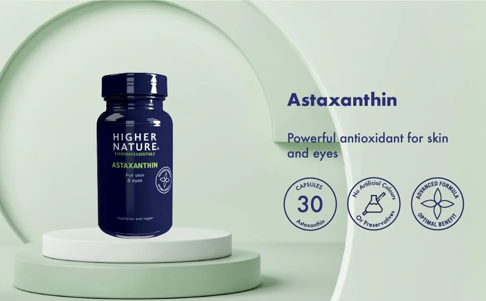 Higher Nature - Astaxanthin - For Skin & Eyes - Astaxanthin High Strength Supplement - Vegetarian & Vegan - 30 Capsules - Astaxanthin 30