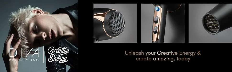 Diva Pro Styling Prima 3000 Pro Dryer 2200 W Professional Hairdryer with Ionic Conditioning Gold Black With Gold Highlights Single - creative energy create amazing
