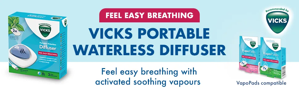 Vicks Portable Waterless Diffuser - Waterless device - USB plug-in - Easy breathing - Nightlight feature - Essential oil pads included - Travel friendly - VH1800EU USB plug - Menthol - vicks portable waterless diffuser; vicks diffuser; plug in diffuser; USB;